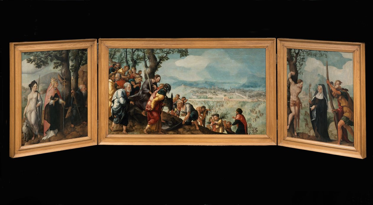 Triptykon med Kristi indtræden i Jerusalem, helgener og på ydersiden af vingerne, lånere af Van Lokhorst -familien af Jan van Scorel