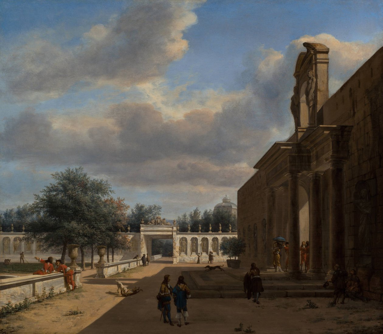 En Palatial Have, med figurer, der stammer fra et palads til højre af Jan van der Heyden