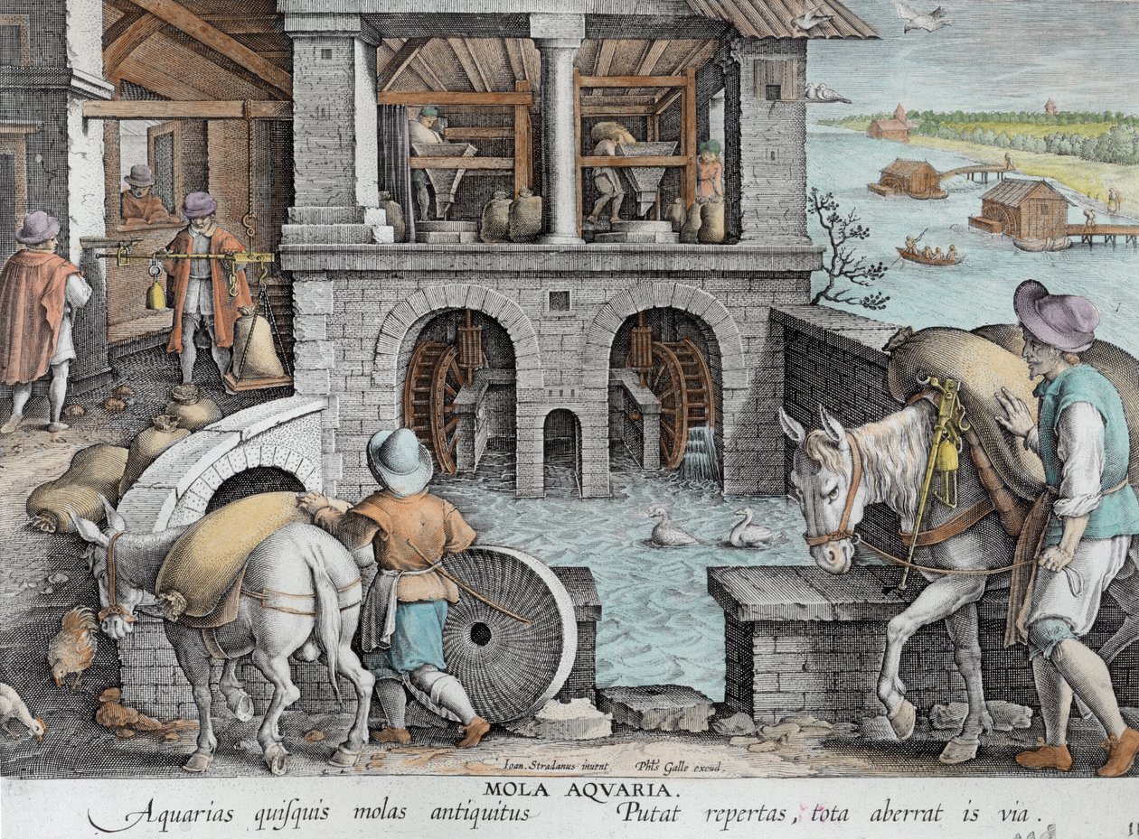 En vandmølle, plade 11 fra "Nova Reperta" (Nye opdagelser), graveret af Philip Galle (1537-1612) omkring 1600 (senere farvelægning) af Jan van der Straet
