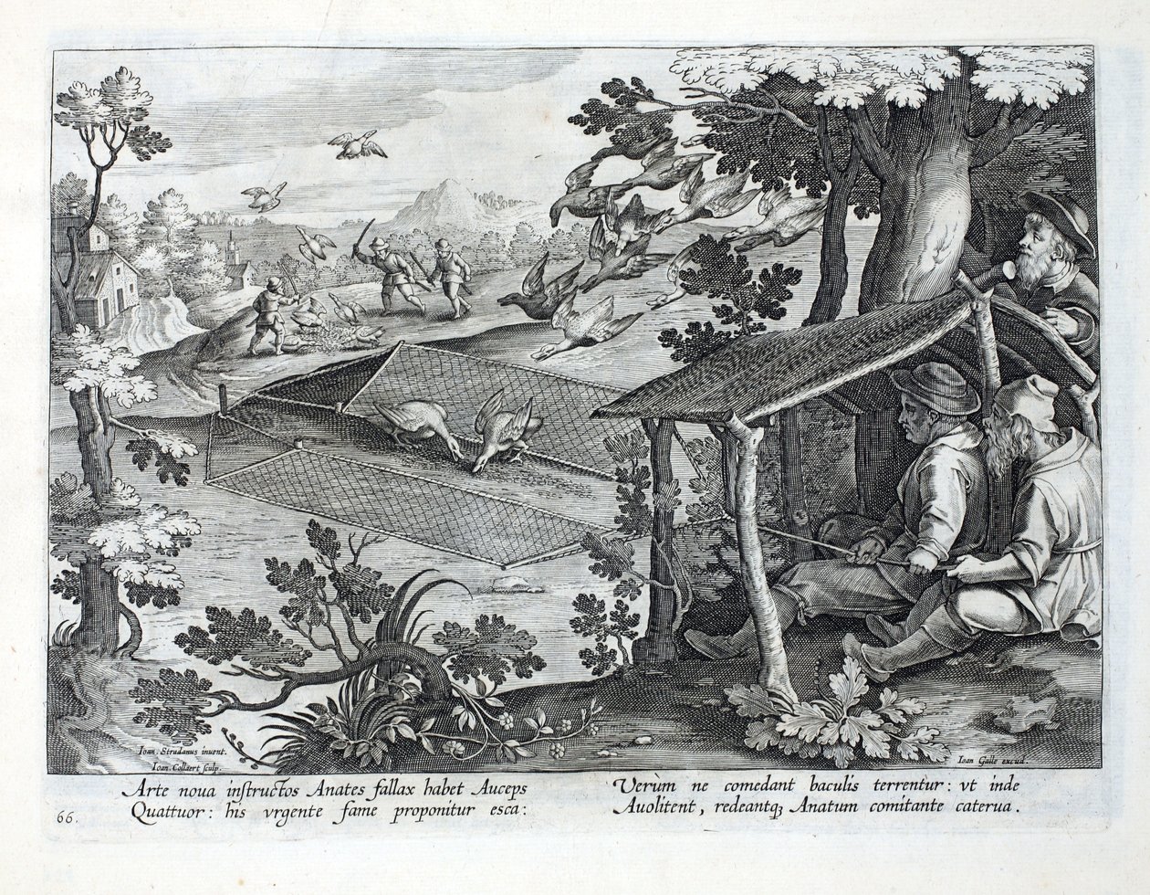 En ny metode til at jage ænder, illustration fra "Venationes, Ferarum, Avium, Piscium" (Om jagt: vilde dyr, fugle, fisk), graveret af Jan Collaert (1566-1628), udgivet af Phillipus Gallaeus, Amster af Jan van der Straet