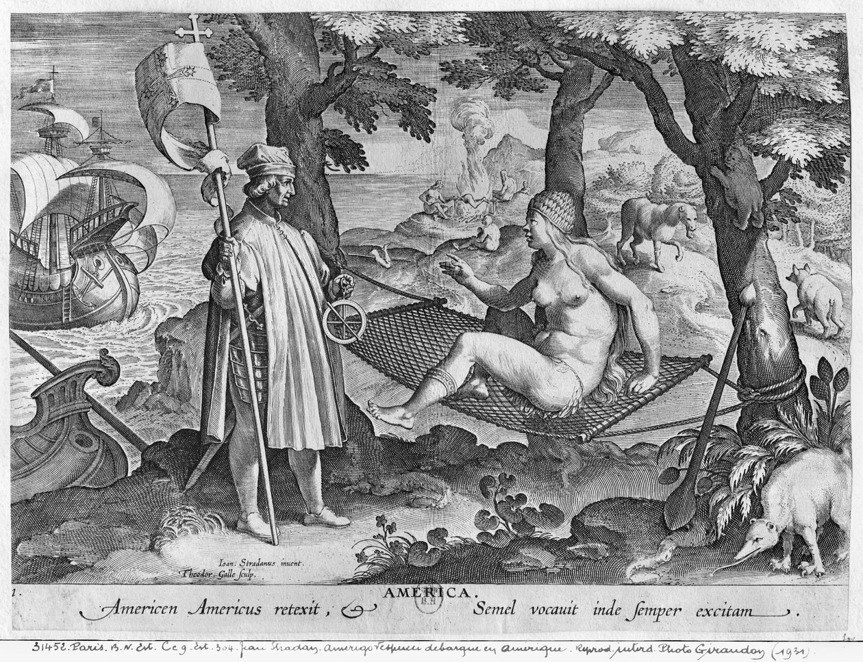 Amerigo Vespucci (1454-1512) lander i Amerika, indgraveret af Theodor Galle (1571-1633) af Jan van der Straet