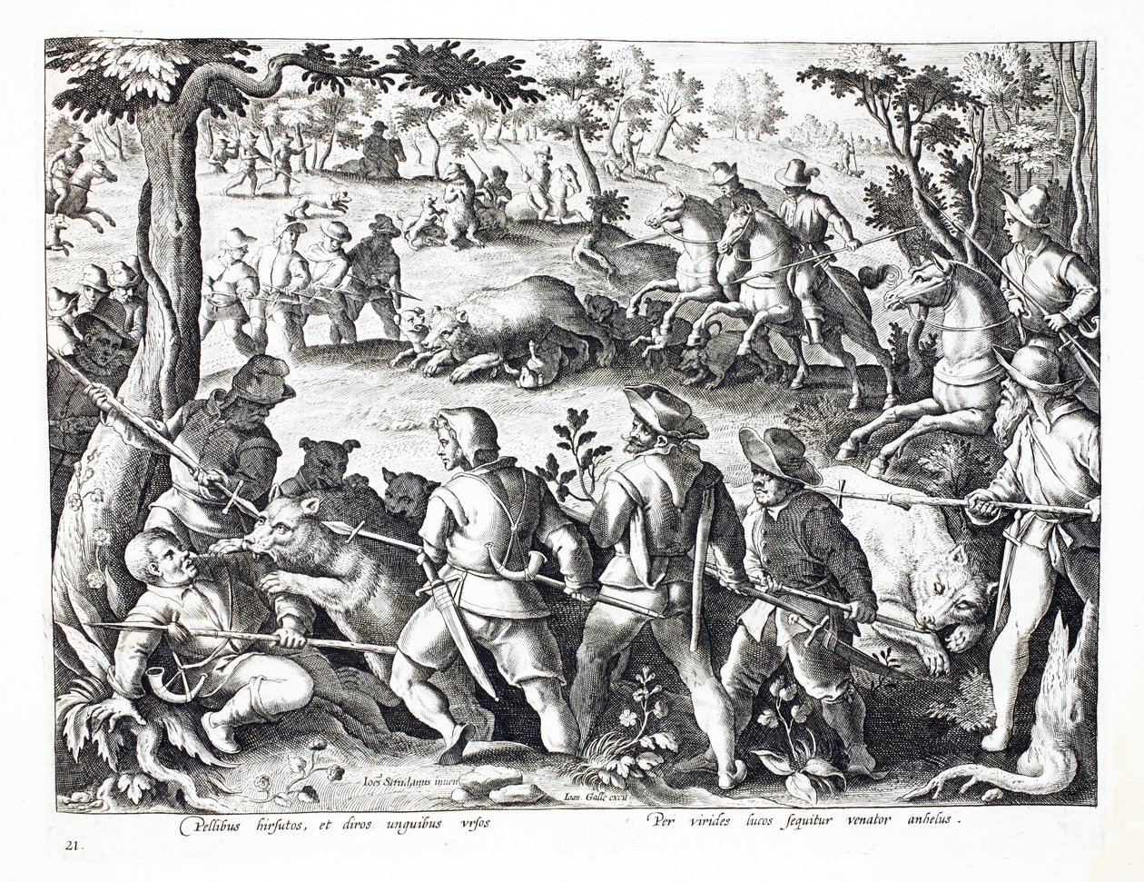 Bjørnejagt med hunde og spyd, illustration fra 