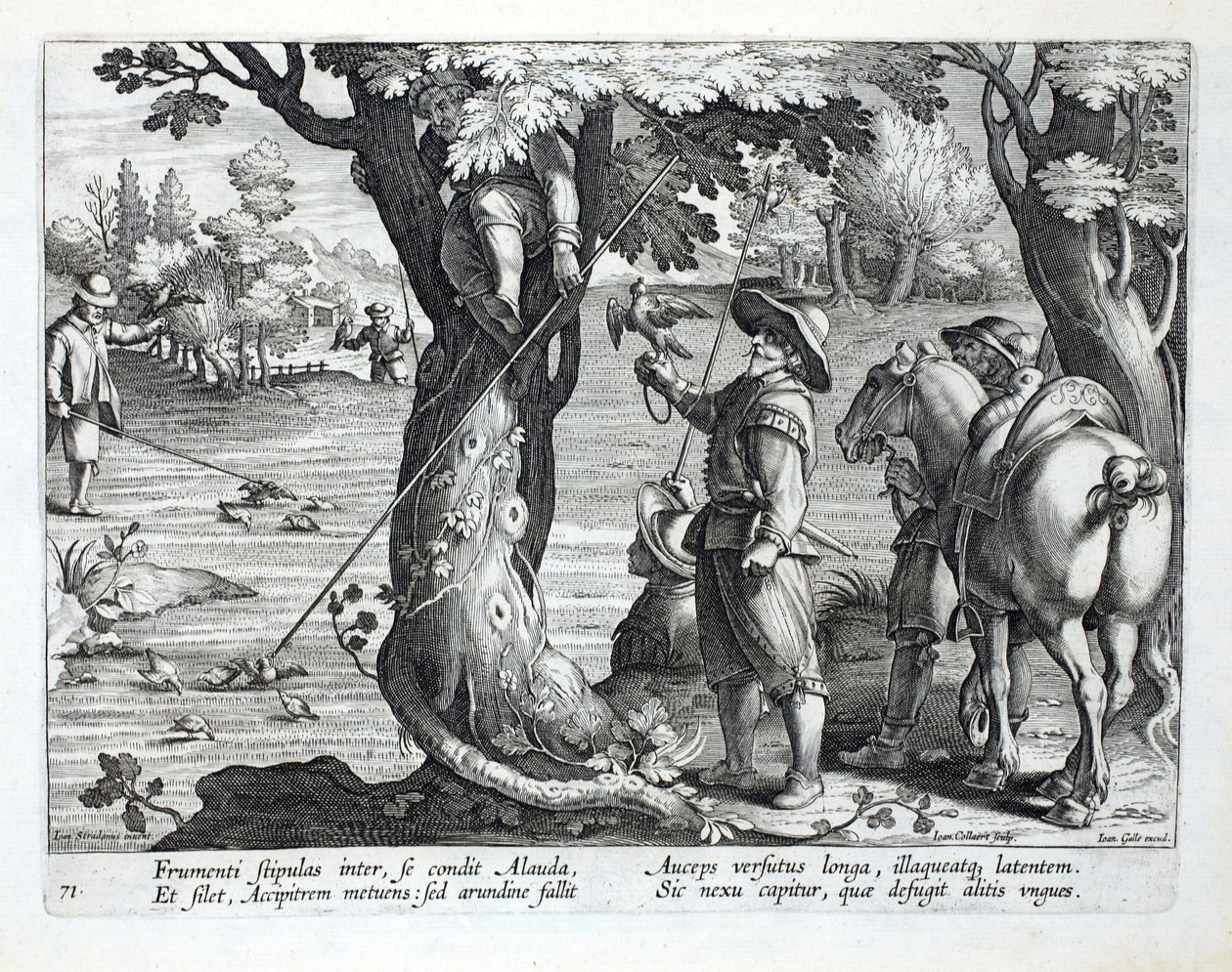 Fuglefangere, der bruger stænger med ringe på til at fange fugle, illustration fra 