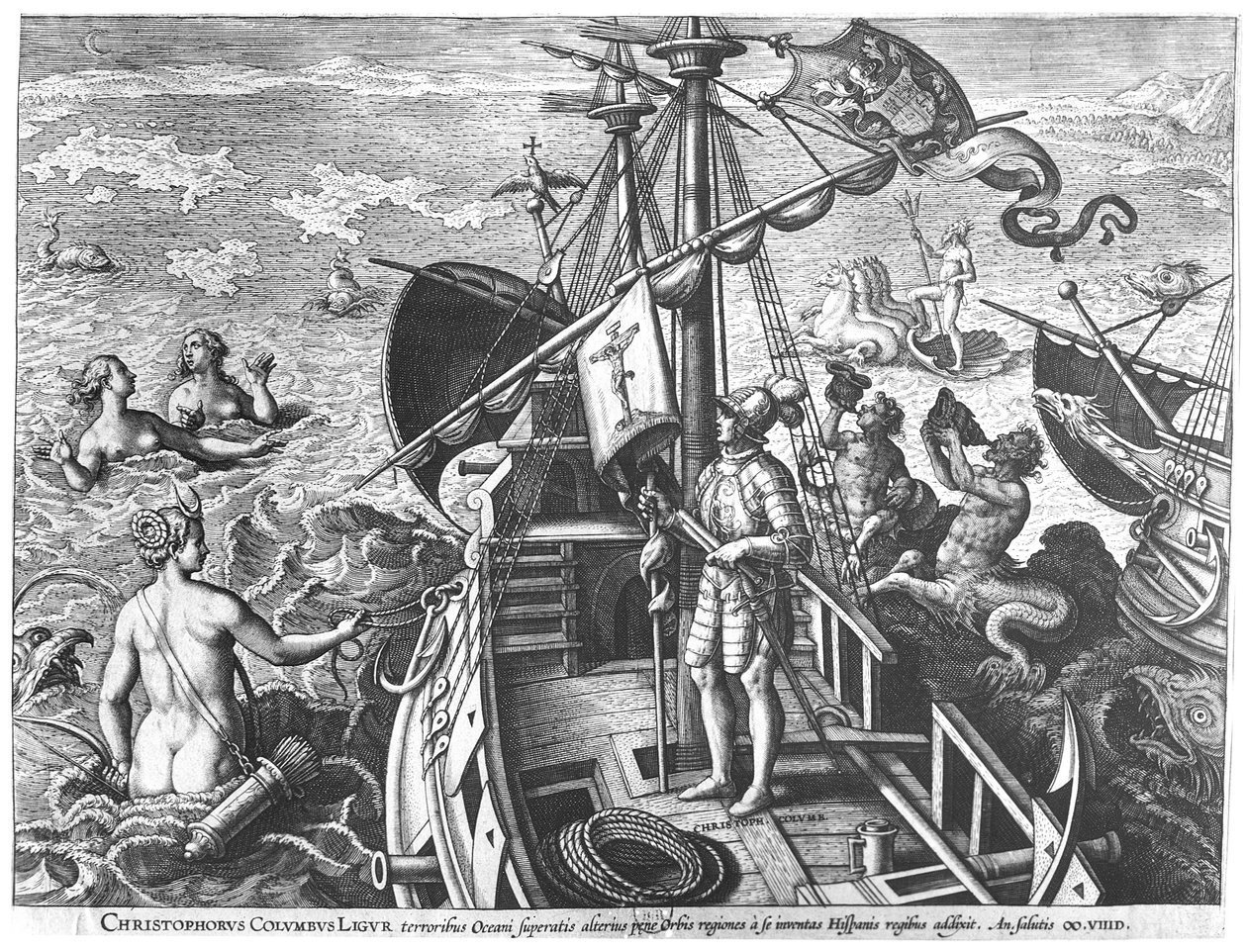 Christopher Columbus (1451-1506) om bord på sin karavel og opdagede Amerika af Jan van der Straet