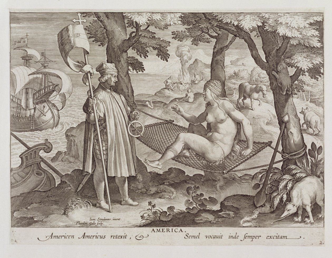 Columbus opdager Amerika, plade 2 fra "Nova Reperta" (Nye opdagelser), graveret af Theodor Galle (1571-1633) omkring 1600 af Jan van der Straet
