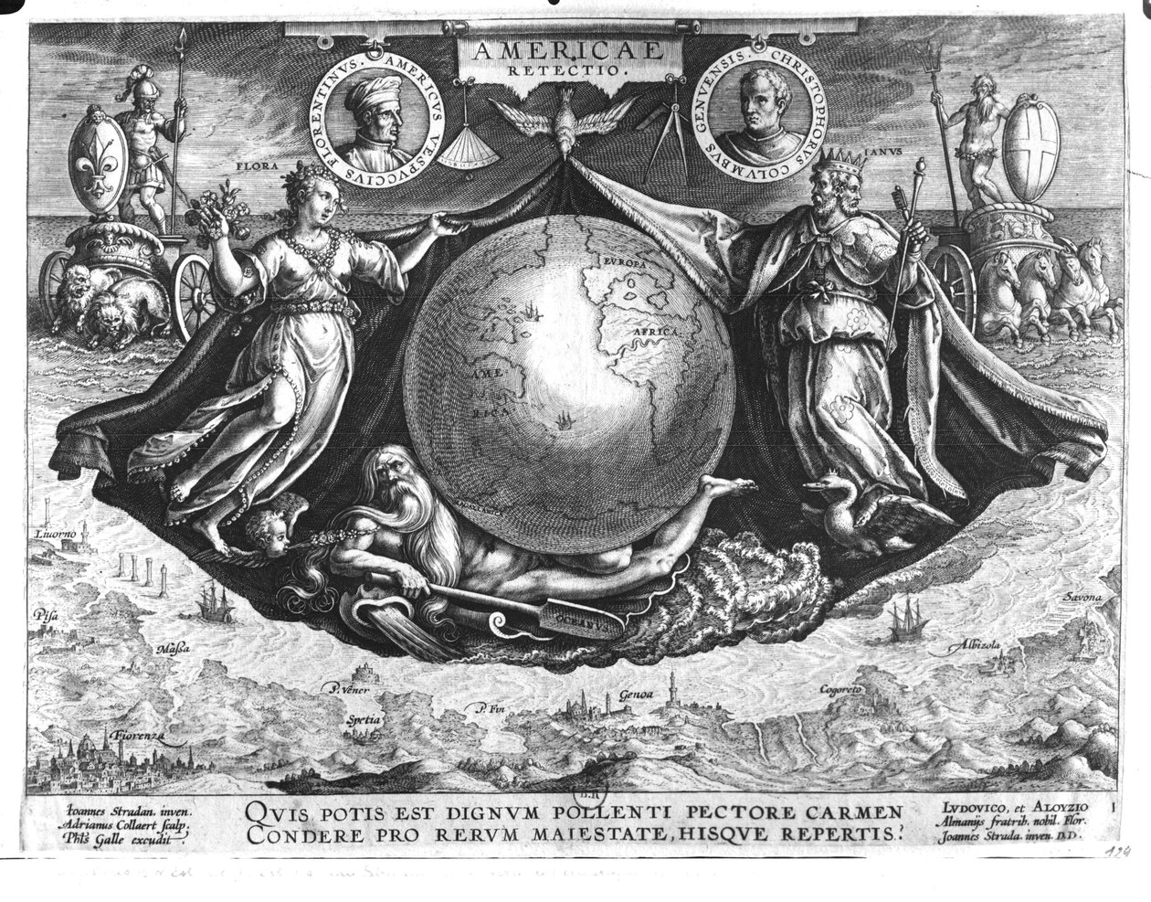 Discovery of America med portrætter af Amerigo Vespucci (1454-1512) og Christopher Columbus (1451-1506) indgraveret af Jan Collaert (1566-1628) trykt af Philipp Galle (1537-1612) c.1600 (f. af Jan van der Straet