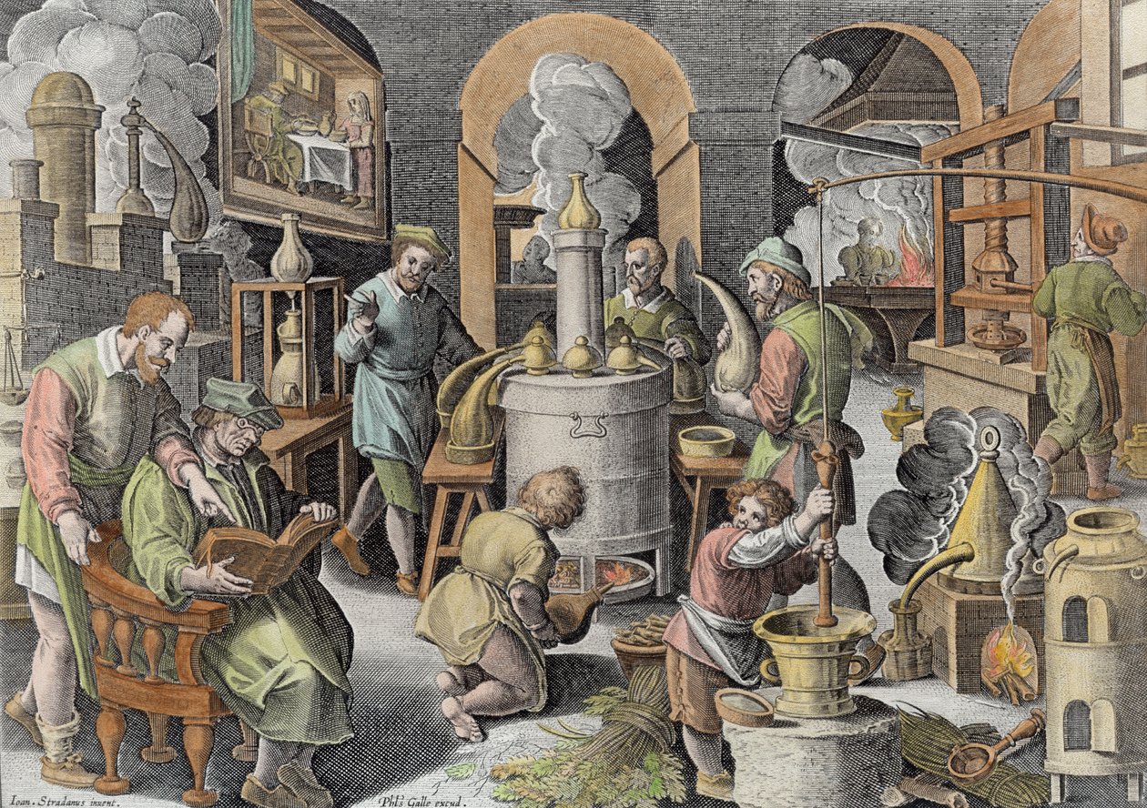 Destillation, kogende vand for at rense det, indgraveret af Philip Galle (1537-1612) (senere farvning) af Jan van der Straet