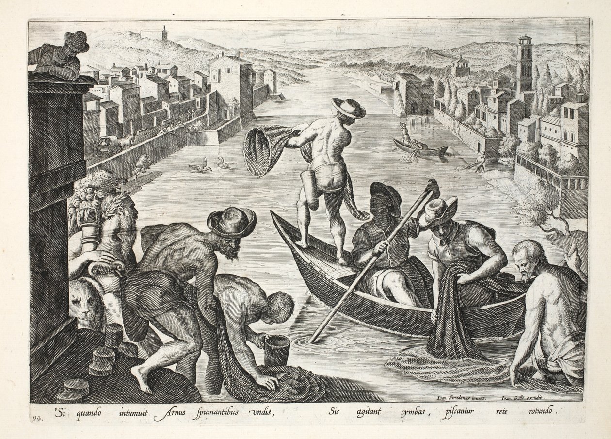 Fiskeri på Arno ved hjælp af både og net, illustration fra 