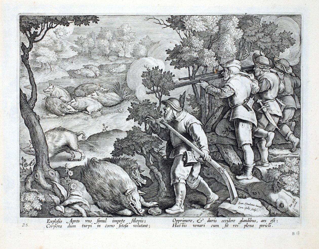 Jægere bruger geværer til at nedskyde vildsvin, der vælter sig i mudderet, illustration fra "Venationes, Ferarum, Avium, Piscium" (Om jagt: vilde dyr, fugle, fisk), graveret af Jan Collaert (1566-1 af Jan van der Straet