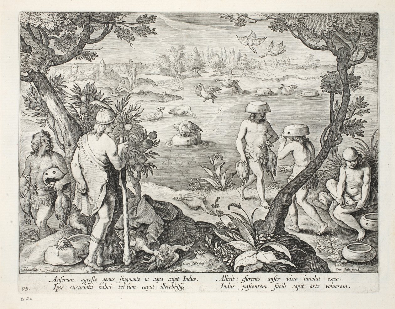 Indisk metode til at fange gæs på lavt vand ved at placere en græskar på hovedet med madding på toppen, tallerken 94, illustration fra 