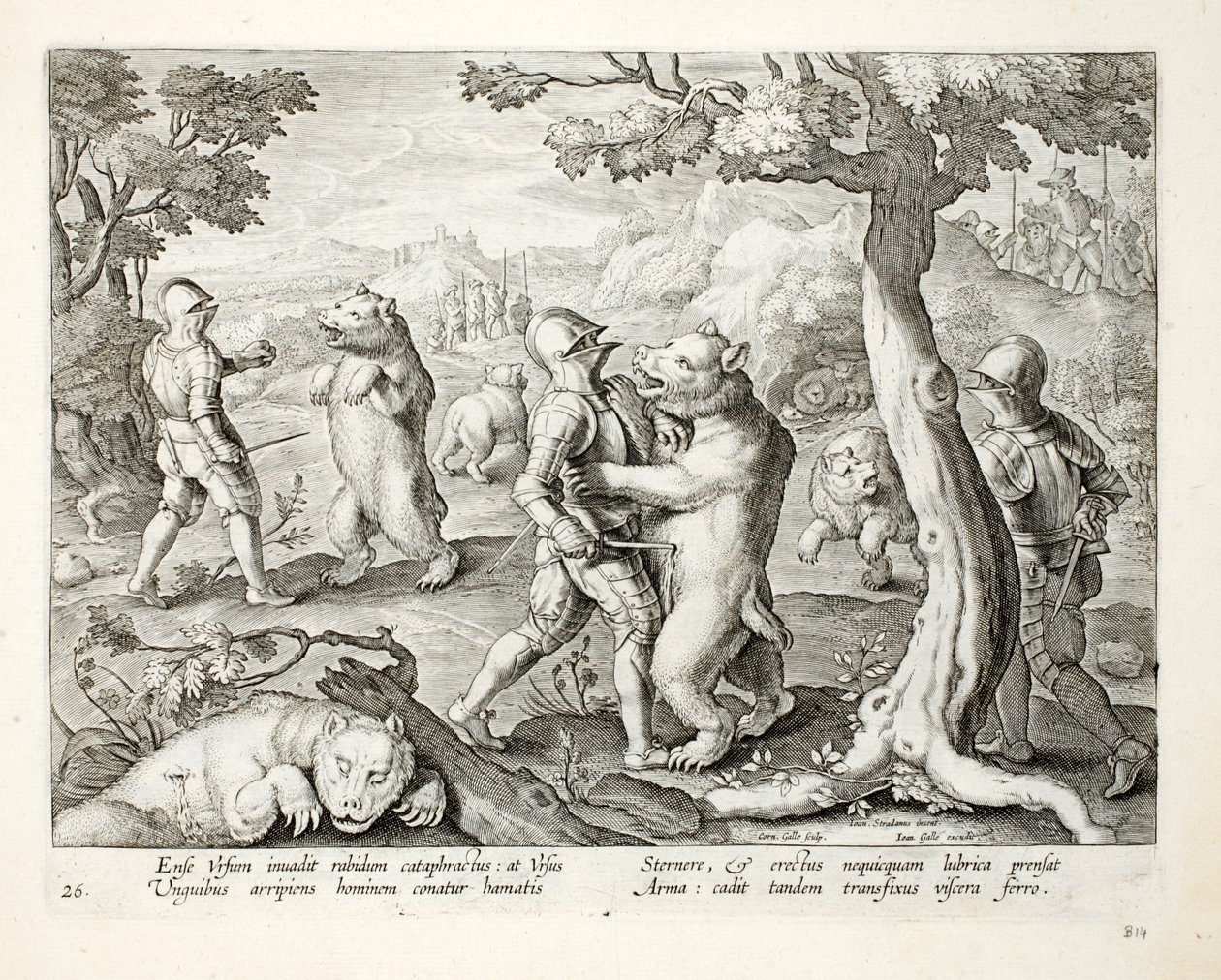 Mænd i tunge rustninger angriber bjørne ved at stikke dem i livmoderen, illustration fra "Venationes, Ferarum, Avium, Piscium" (Om jagt: vilde dyr, fugle, fisk), graveret af Jan Collaert (1566-1628), p af Jan van der Straet