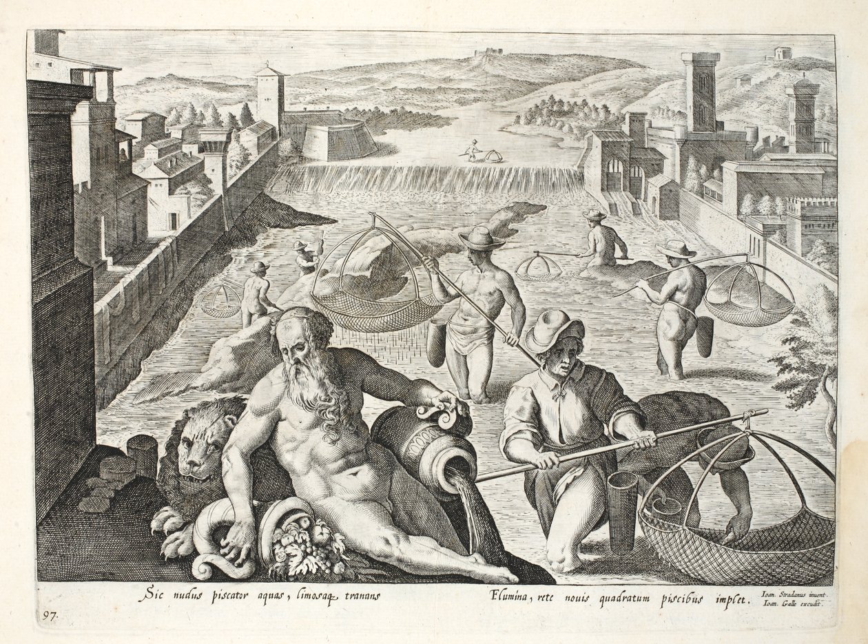 Metode til at fange fisk på lavt vand ved hjælp af firkantede net, illustration fra 