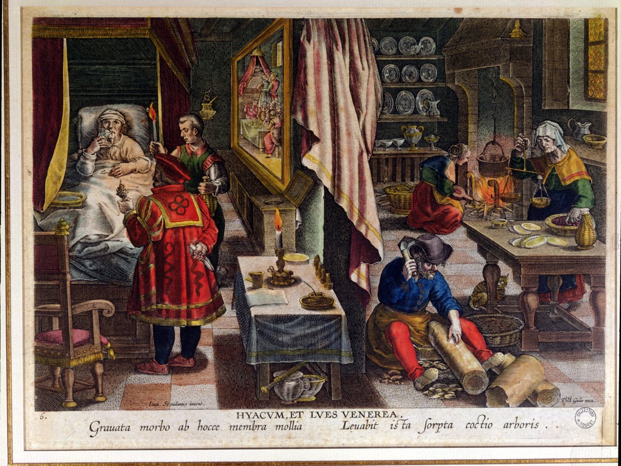 Forberedelse og brug af Guayaco til behandling af syfilis, indgraveret af Philip Galle (1537-1612) ca. 1570 (se også 91596) af Jan van der Straet