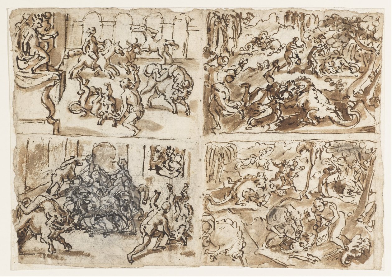 Recto Title- Side fra en skitsebog, der viser fire scener- herunder Thessalians Fighting Bulls, øvre ... af Jan van der Straet