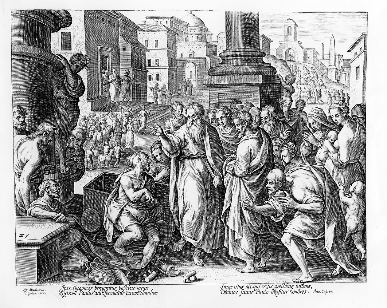 De hellige Paulus og Barnabas prædiker i Lystra, indgraveret af P. Galleus af Jan van der Straet