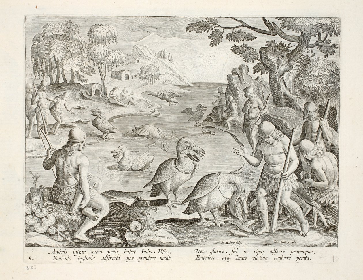 Halvnøgne vilde fra Indien, der bruger pelikaner til at fange fisk, plade 91, illustration fra 