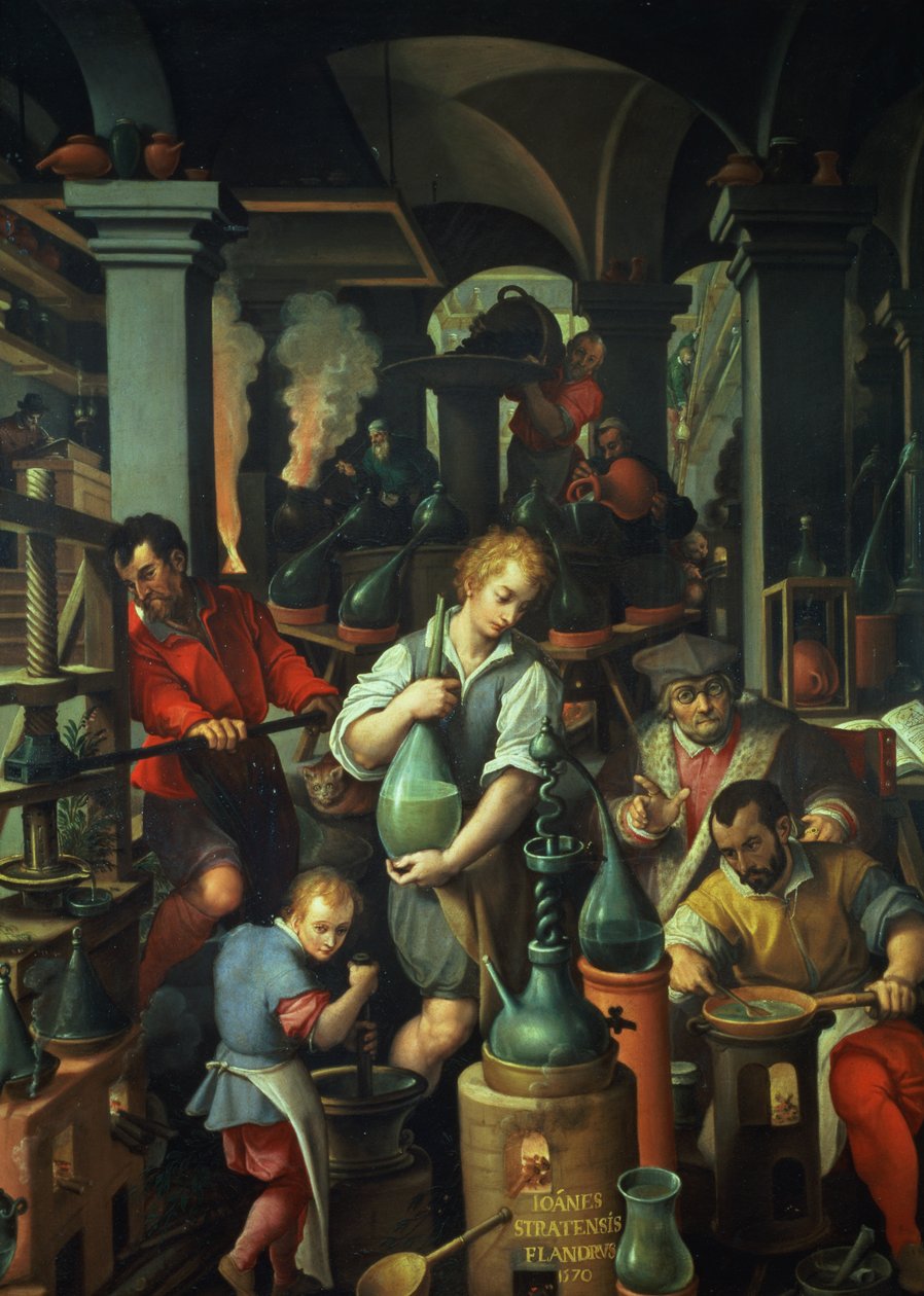 Alkymistens værksted, 1570 (olie på skifer) af Jan van der Straet