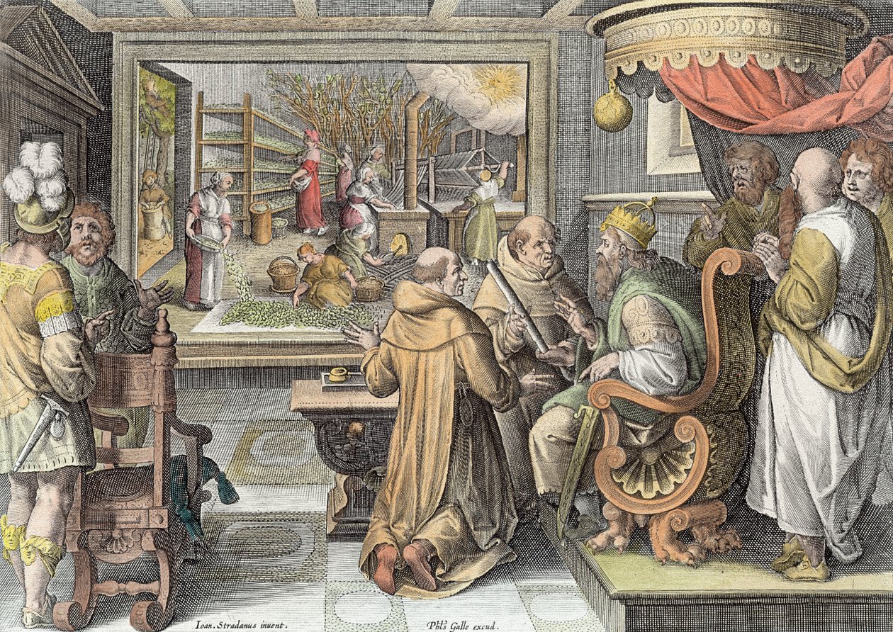 Begyndelsen af silkeindustrien i Europa, planche 9 fra "Nova Reperta" (Nye opdagelser), graveret af Philip Galle (1537-1612) omkring 1600 (senere farvelægning) af Jan van der Straet