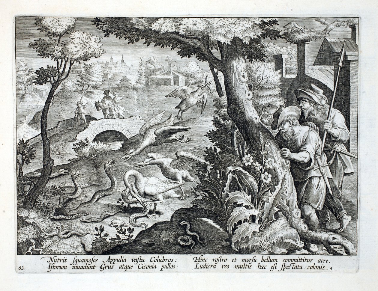 Tårntrane og deres unger, der styrter ned på slanger, illustration fra "Venationes, Ferarum, Avium, Piscium" (Om jagt: vilde dyr, fugle, fisk), graveret af Jan Collaert (1566-1628), udgivet af Phil af Jan van der Straet