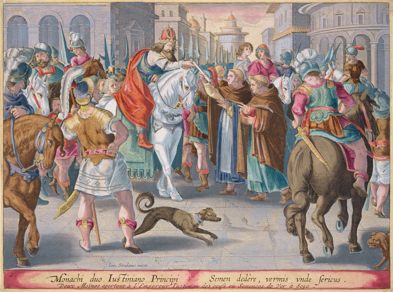 To munke præsenterer silkeorme smuglet fra Kina for kejser Justinian, planche 2 fra "Vermis Sericus" (Silkeormen), graveret af Philip Galle (1537-1612) af Jan van der Straet