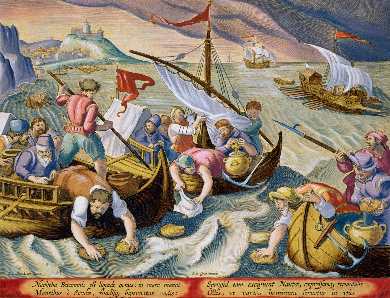 Brug af svampe til at opsamle naphtha fra bølgernes overflade, plade 86 fra "Venationes Ferarum, Avium, Piscium" (Om jagt: vilde dyr, fugle, fisk), graveret af Jan Collaert (1566-1628), udgivet af Jan Collaert af Jan van der Straet
