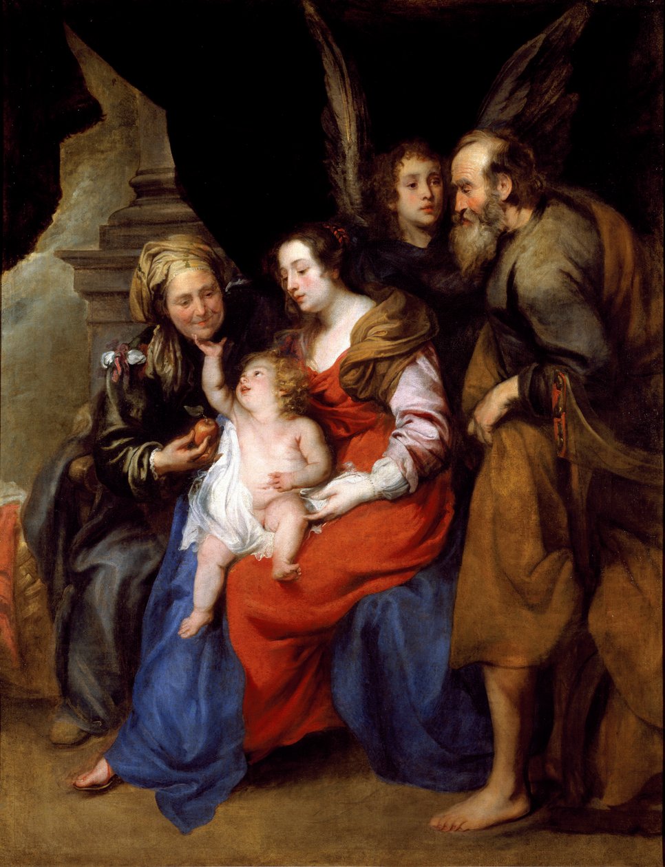 Portræt af den hellige familie med St Anne, Marias mor og en engel (olie på lærred af Jan Roos