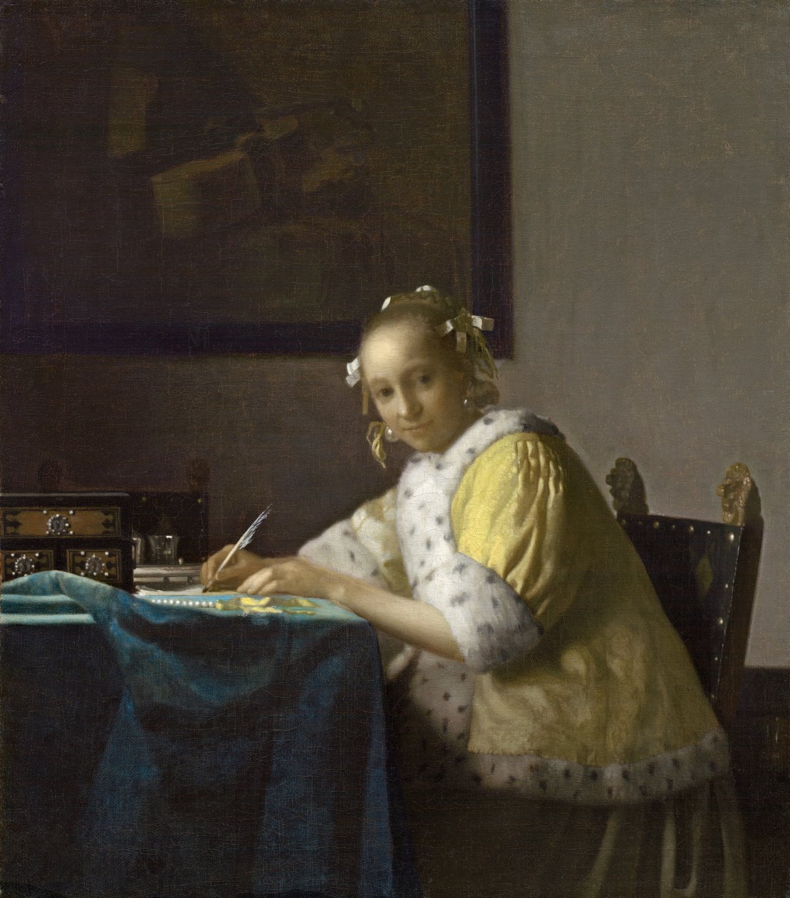 En dame, der skriver, ca. 1665 (olie på lærred) af Johannes Vermeer