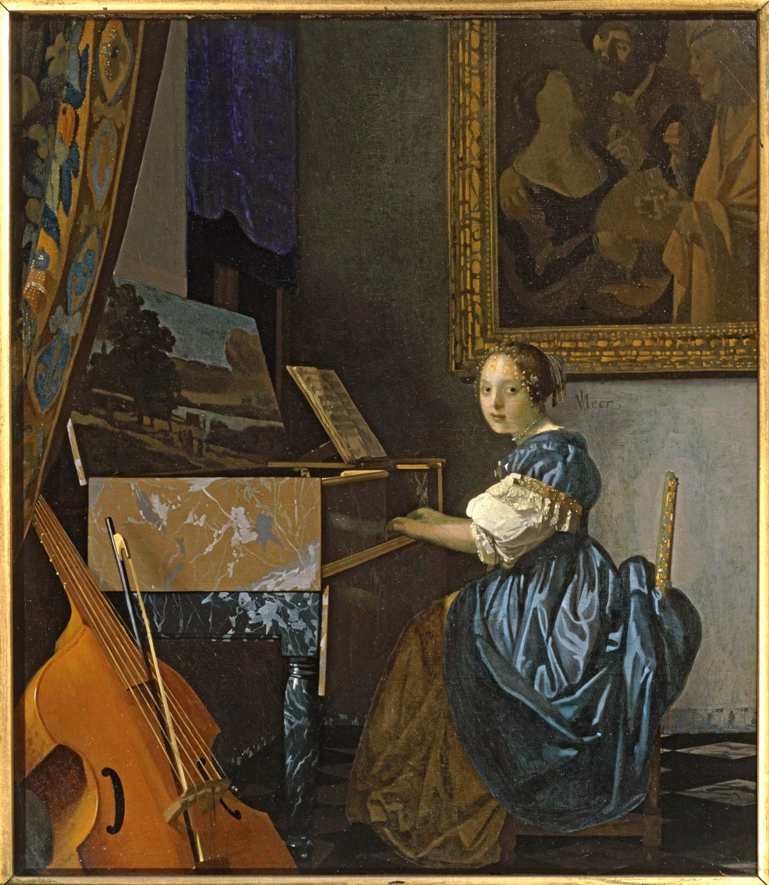 En ung kvinde sidder ved den jomfruelige ... (maleri på lærred) af Jan (1632-75) Vermeer