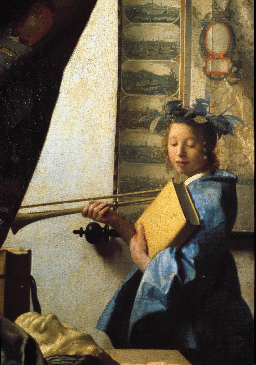 Malerkunsten eller malerens værksted. Detalje af modellen poserer for maleren. 1665 (olie på lærred) af Johannes Vermeer