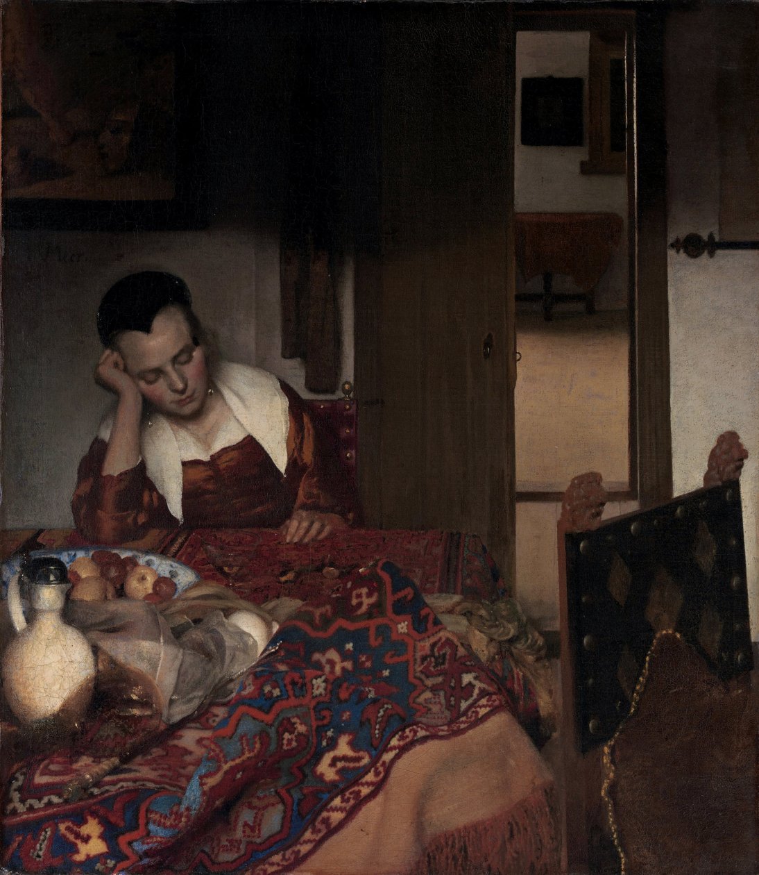 A Sleeping Girl - Maleri af Johannes Vermeer (Vermeer de Delft) (1632-1675), olie på lærred af Johannes Vermeer