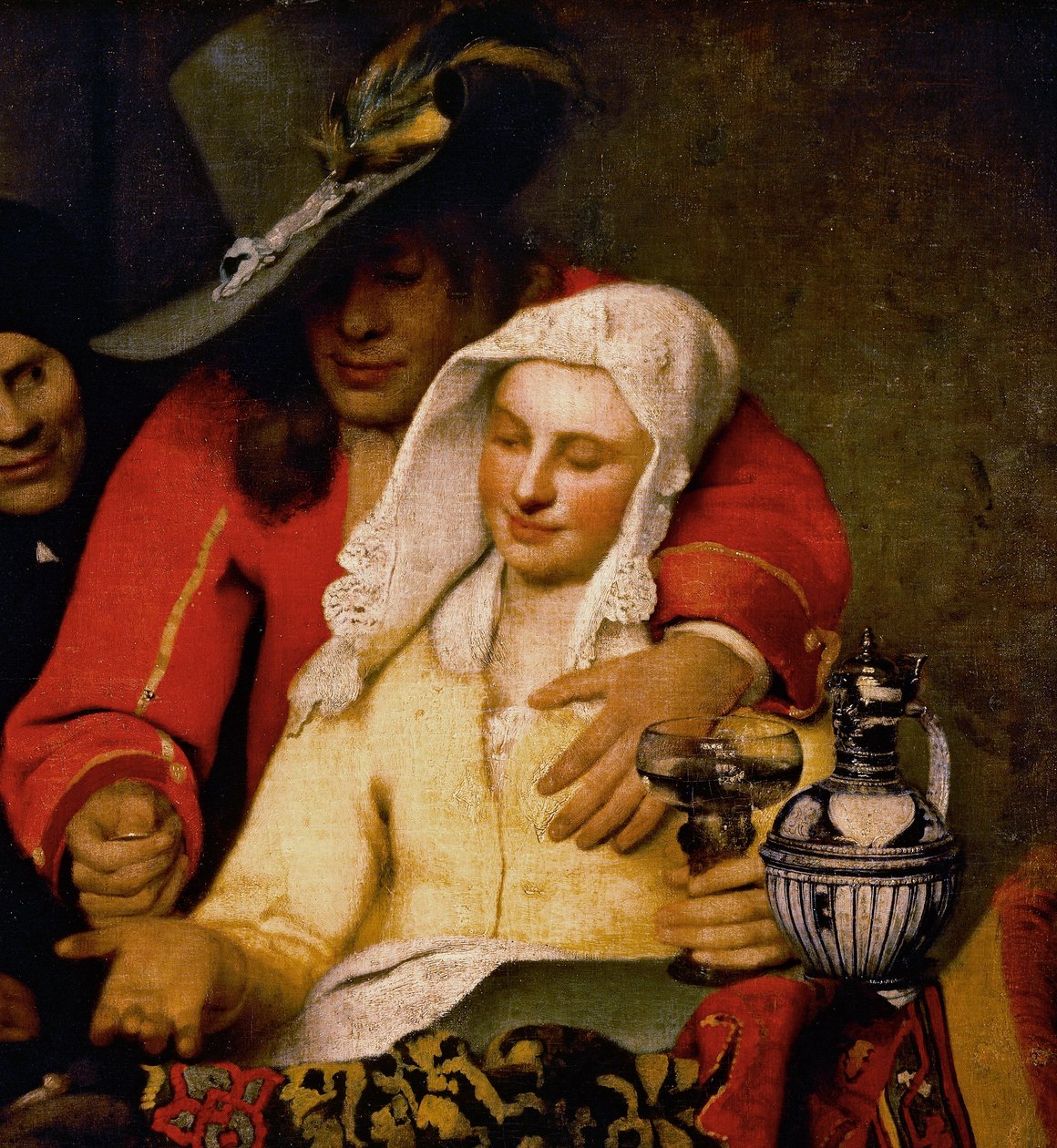 En mand rækker en mønt frem til en kvinde, der rører ved hendes bryst, detalje fra The Procuress af Johannes Vermeer
