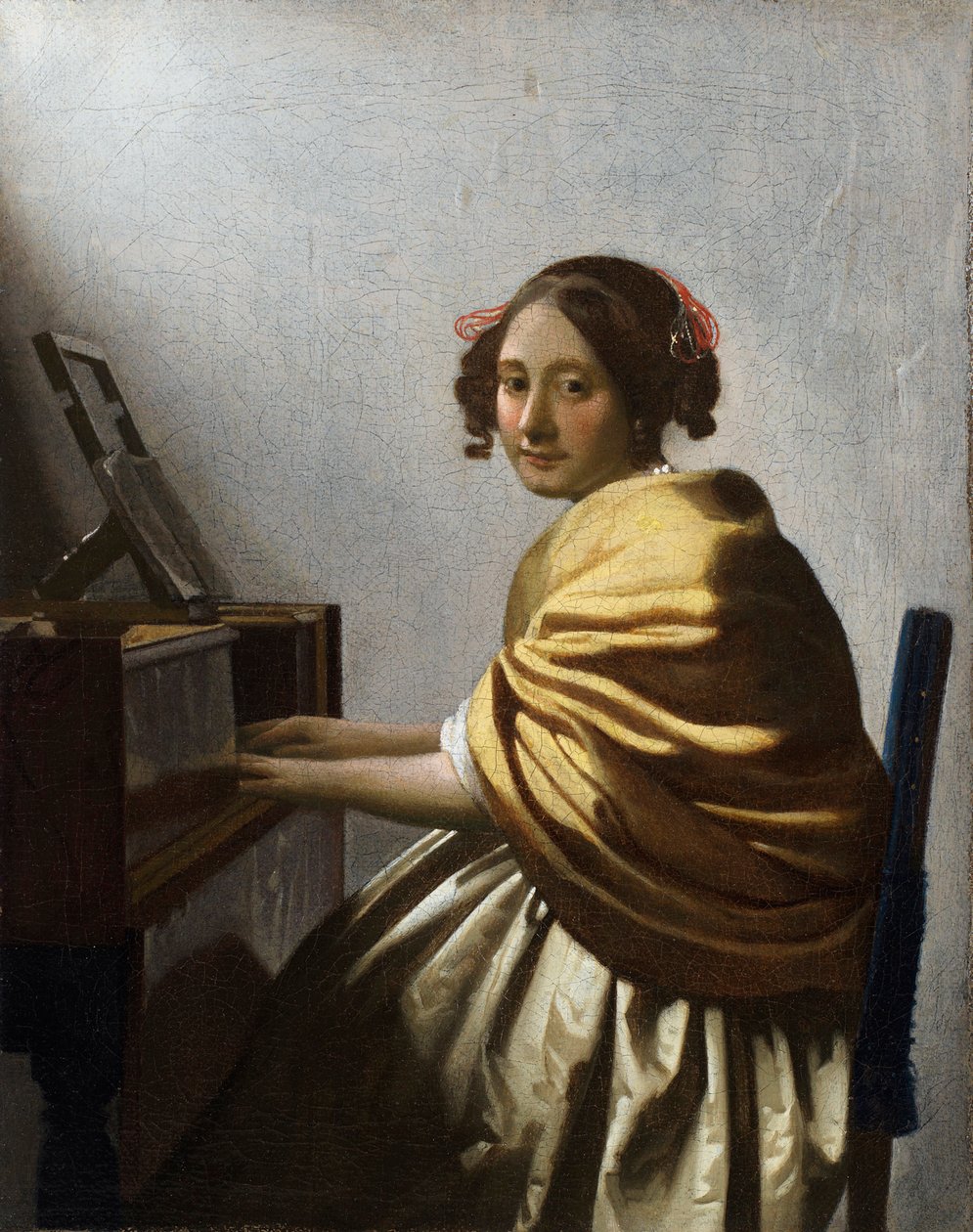 ""Ung kvinde sidder ved en jomfru"" (En ung kvinde sidder ved en jomfru) Maleri af Jan Vermeer (Johannes) (1632-1675) ca. 1670 Dim 25,1x20 cm Privat samling af Johannes Vermeer