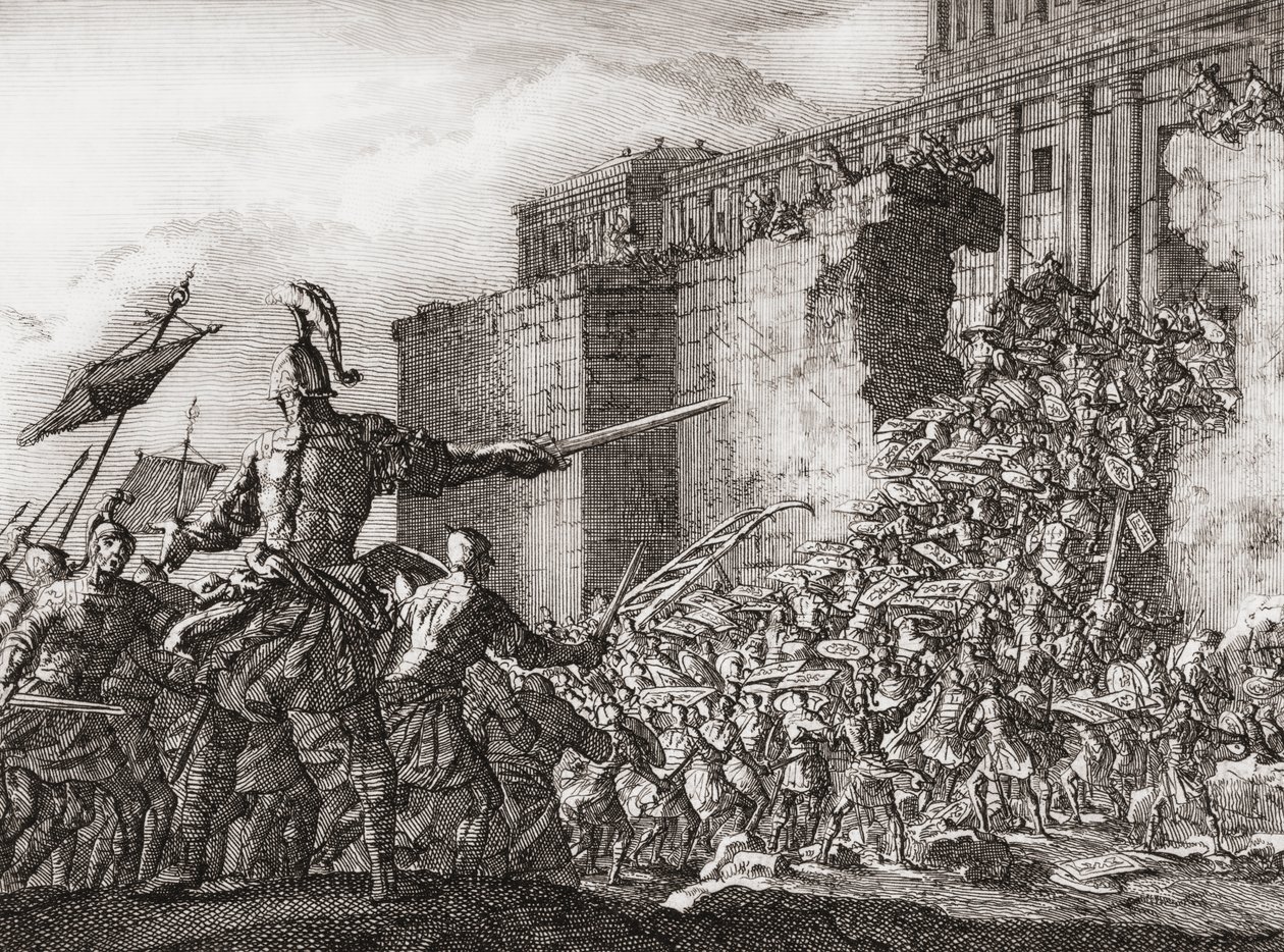Pompejus angriber templet i Jerusalem i 63 f.Kr. (print) af Jan (after) Luyken