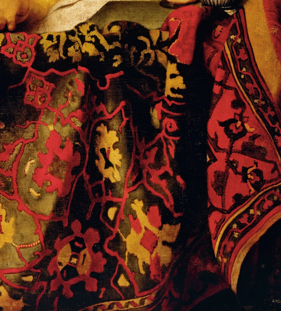 Broderet kjole, detalje fra The Procuress af Jan (attr. to) Vermeer