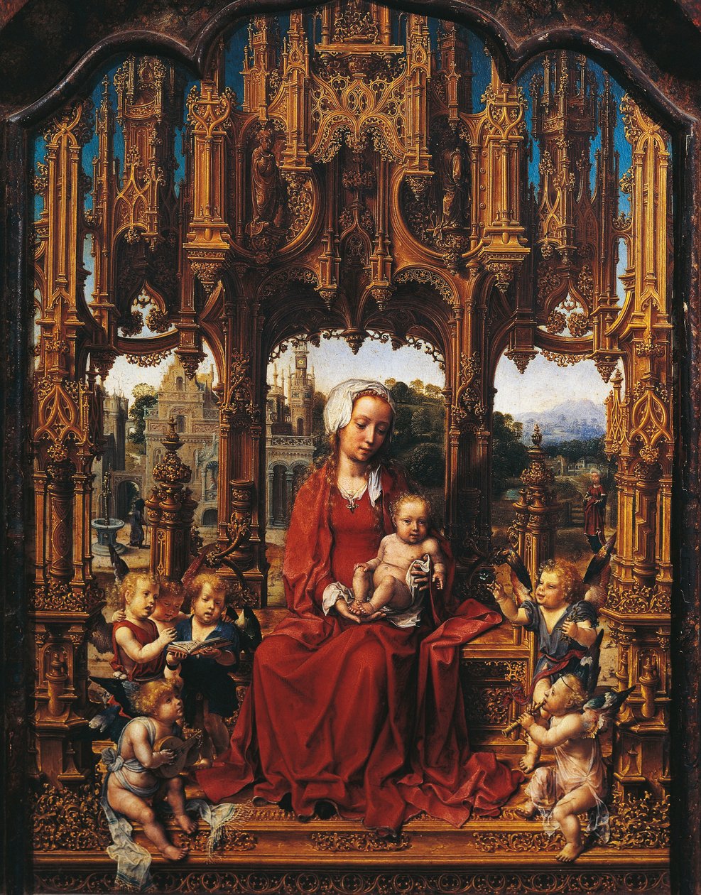 Madonna lapsen ja enkelimuusikoiden kanssa, Malvern Triptychin keskuspaneeli af Jan (c.1472 c.1533) Gossaert