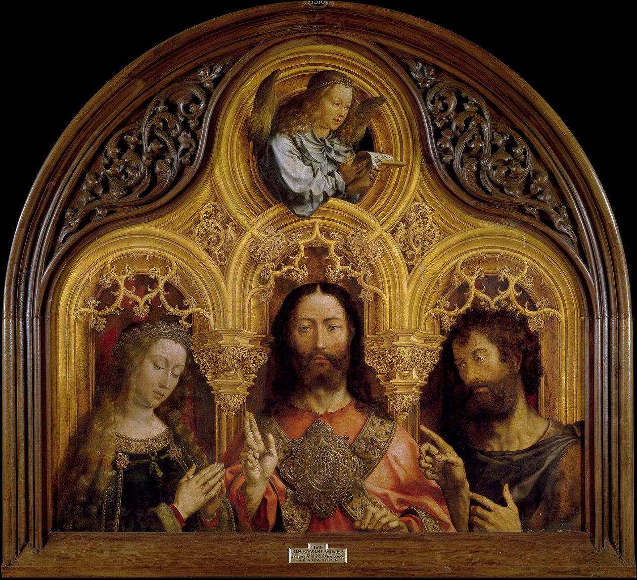 Kristus mellem Jomfru Maria og Johannes Døberen - Peinture de Jan Gossaert (Gossart) dit Mabuse (ca. 1478-1532) - 1510-1515 - Olie på træ - 122x133 - Museo del Prado, Madrid af Jan (c.1472 c.1533) Gossaert