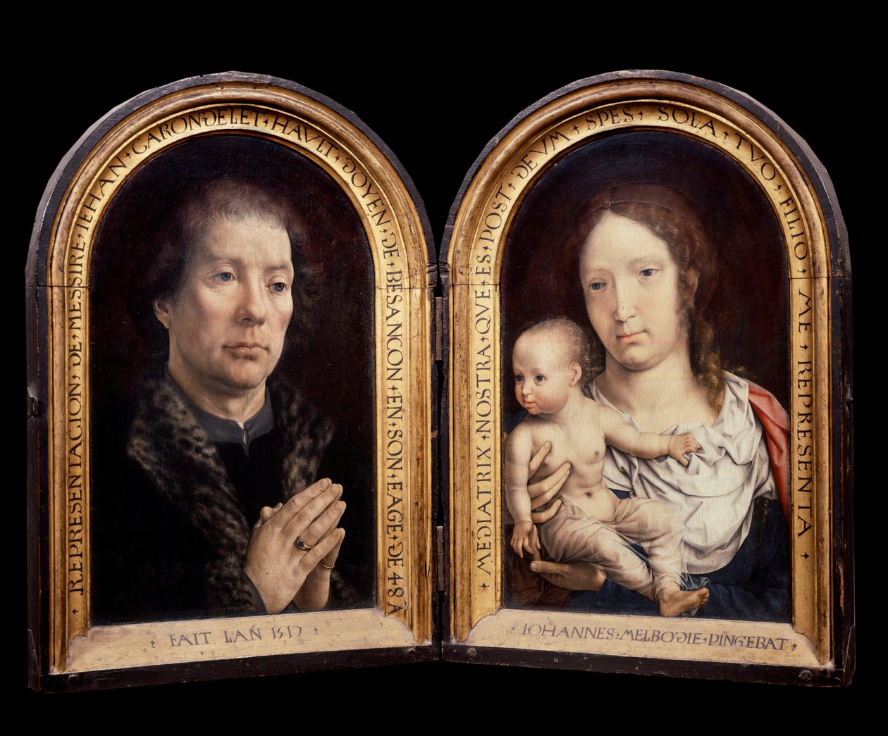 Diptykon Carondelet: til venstre portræt af protektor Jean Carondelet, til højre Jomfruen og Barnet. Maleri af Jan Gossaert dit Mabuse (1478-1536) af Jan (c.1472 c.1533) Gossaert