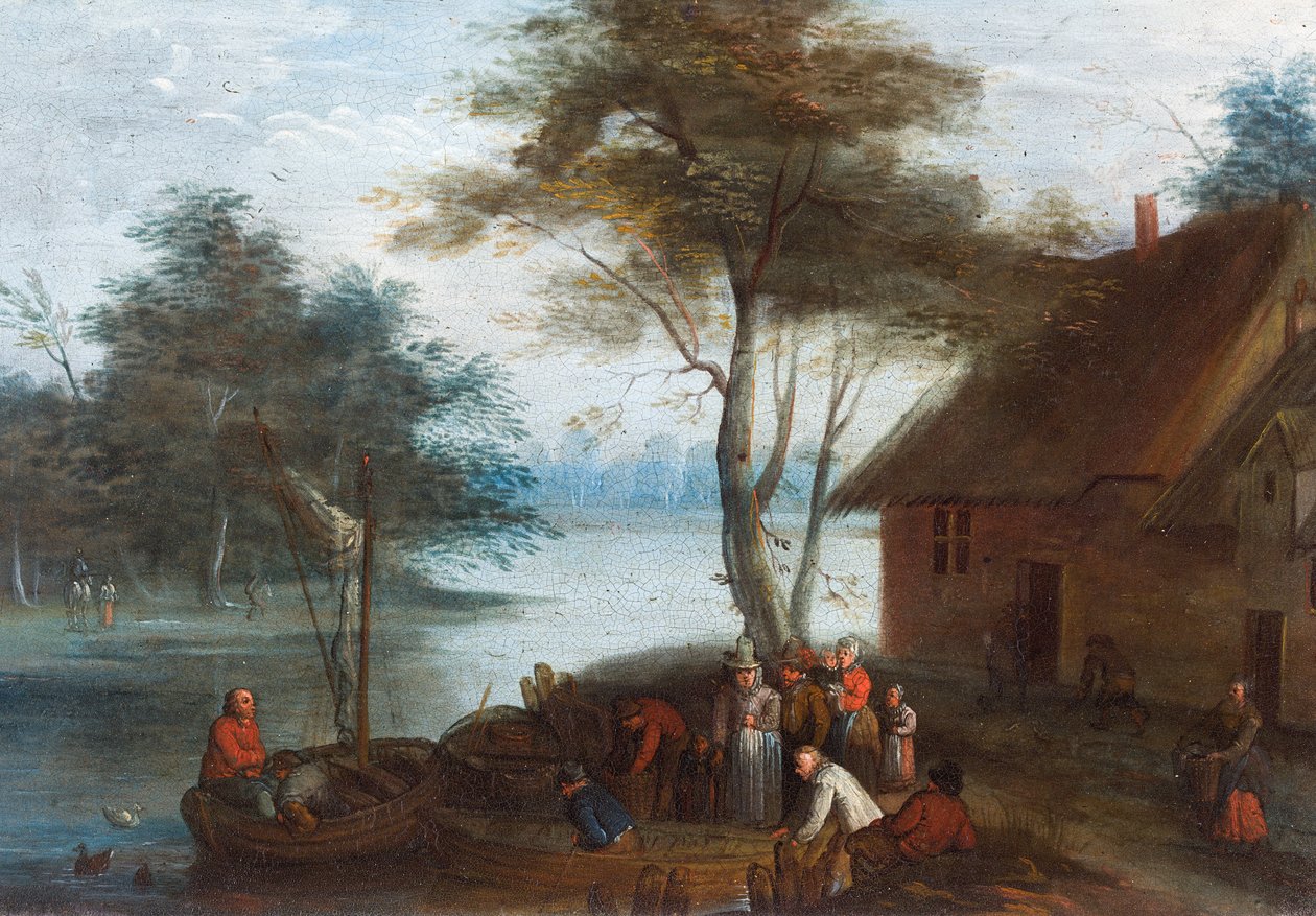 Et flodlandskab med figurer ved en bygning, der går i både af Jan (follower of) Brueghel