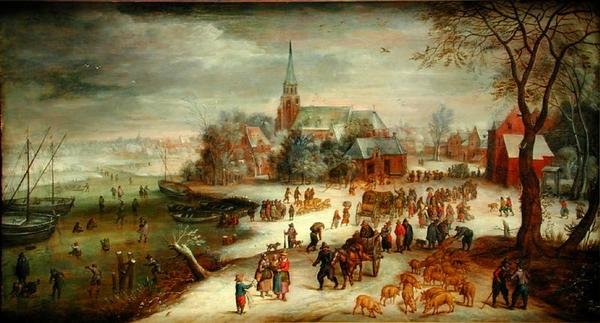 Udsigt over Shelle og floden Schelde om vinteren med marked og skatere af Jan (follower of) Brueghel