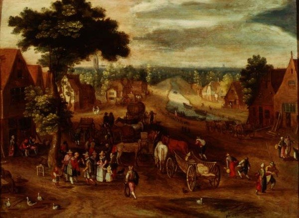 En landsby med rejsende uden for en kro af Jan (follower of) Brueghel
