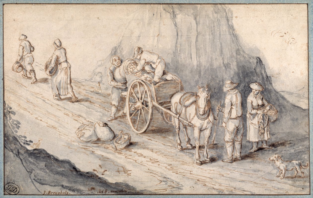 Bønder læsser en en-hests vogn med rodfrugter (pen & blæk med vask på papir) af Jan (follower of) Brueghel