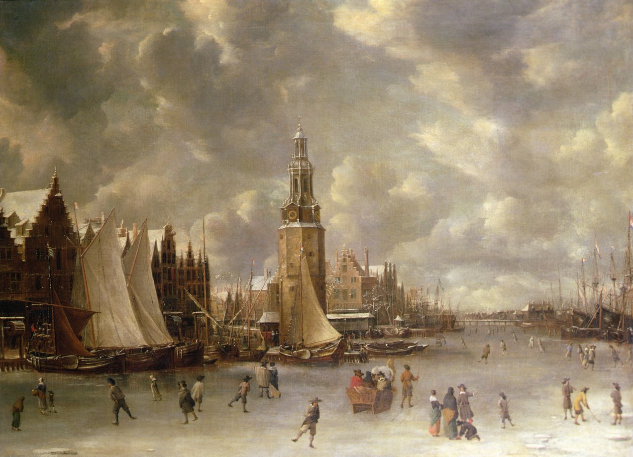 Vinterlandskab med Montelbaanstoren, Amsterdam (olie på lærred) af Jan Abrahamsz. Beerstraaten