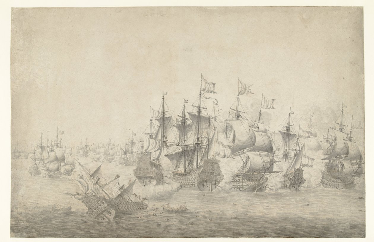 Et søslag, muligvis ved Lowestoft den 13. juni 1665 (venstre side) af Jan Abrahamsz. Beerstraten (possibly)