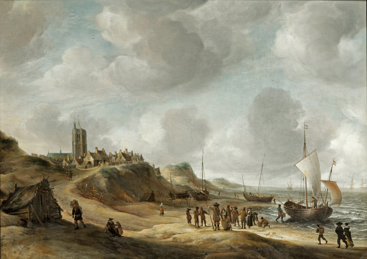 Udsigt over Egmond aan Zee med fiskere på stranden og skibsfart offshore af Jan Abrahamsz. Beerstraten
