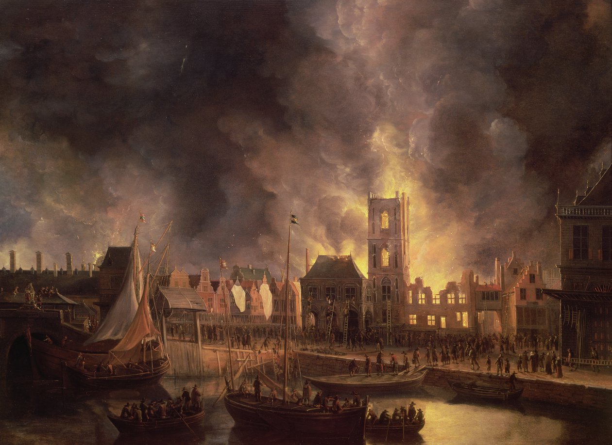 Den store brand i det gamle rådhus, Amsterdam, 1652, 1600-tallet af Jan Abrahamsz. Beerstraten