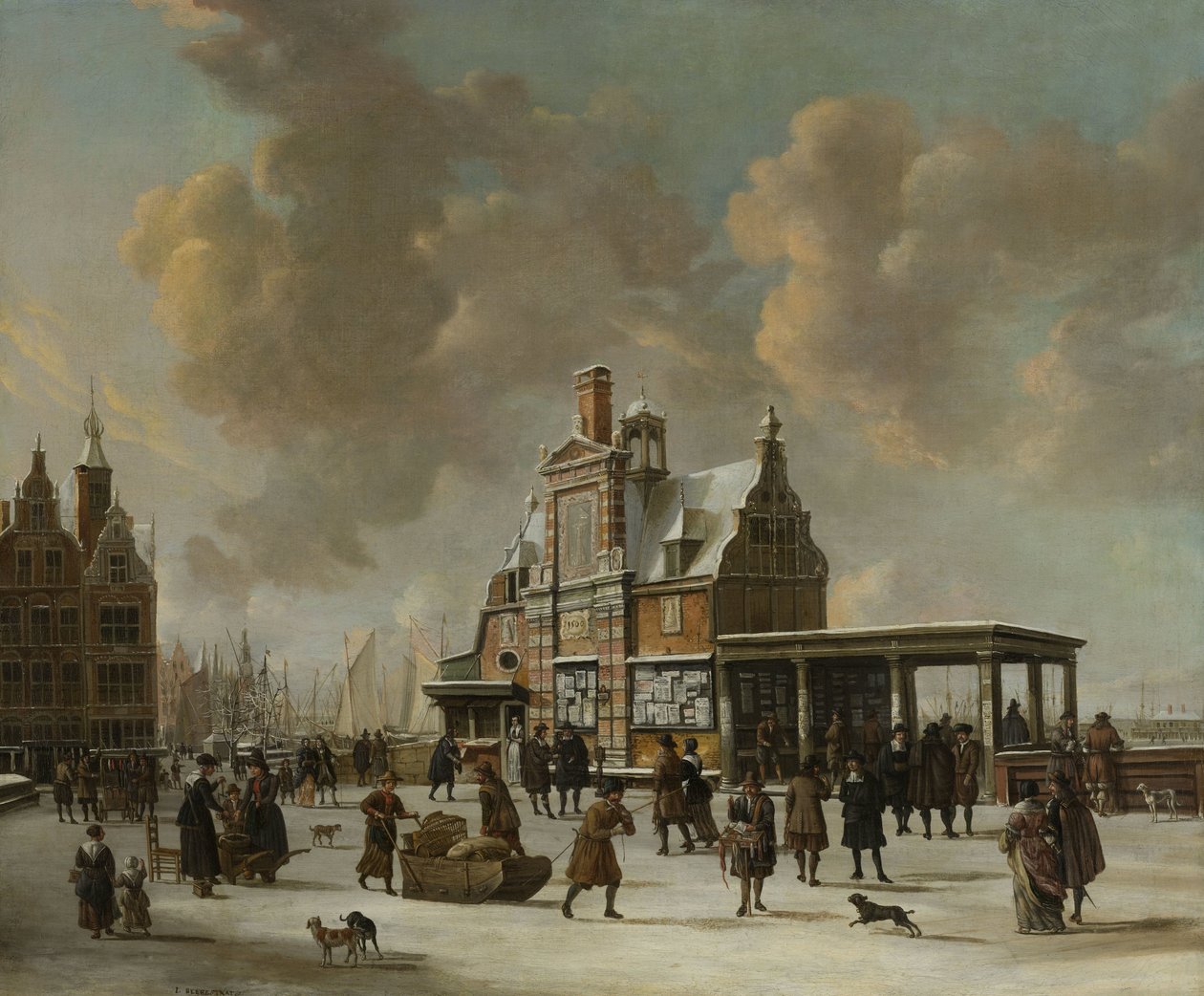Paalhuis og Nieuwe Brug, Amsterdam, om vinteren af Jan Abrahamsz. Beerstraten