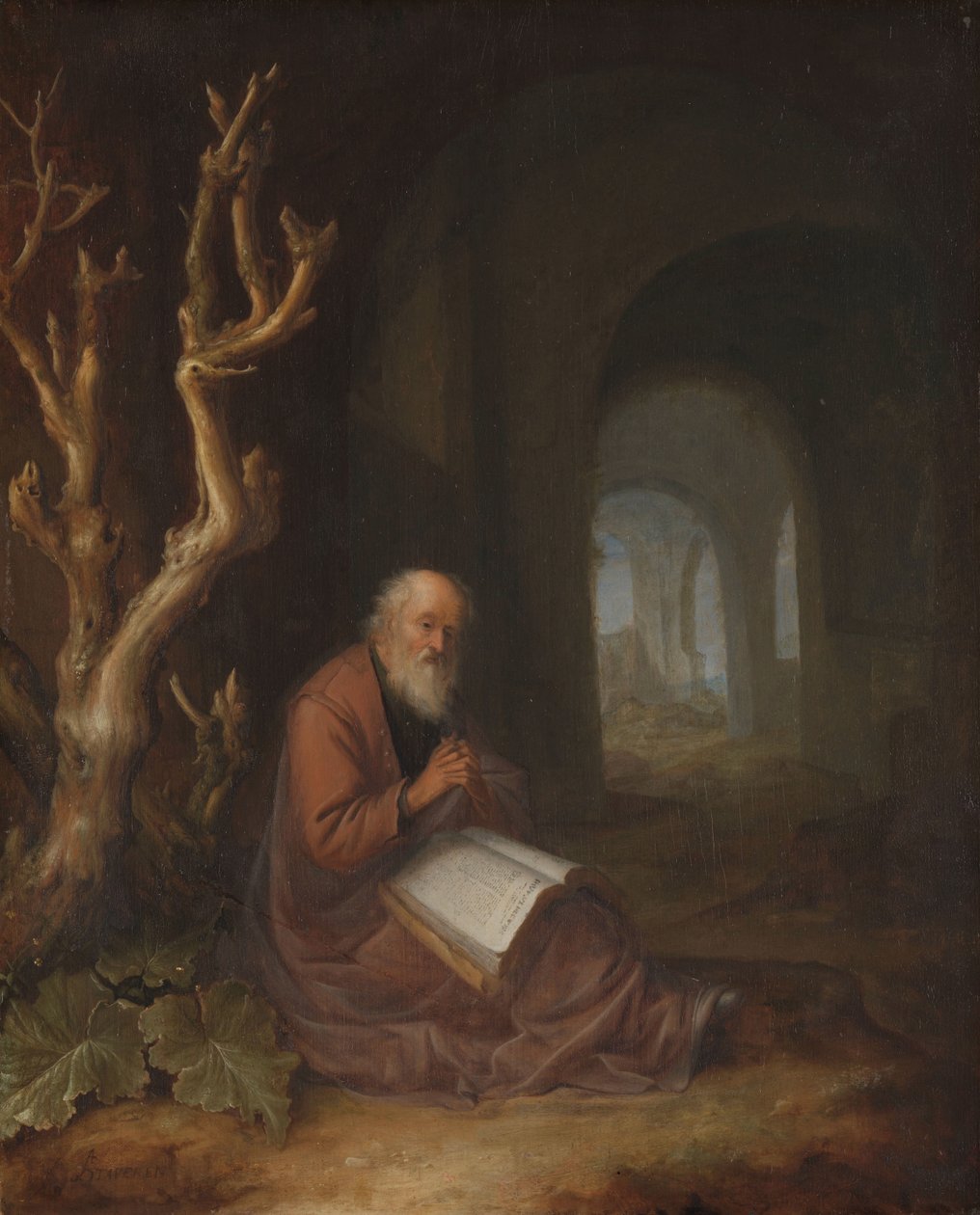 En eremit beder i en ruin af Jan Adriaensz. van Staveren