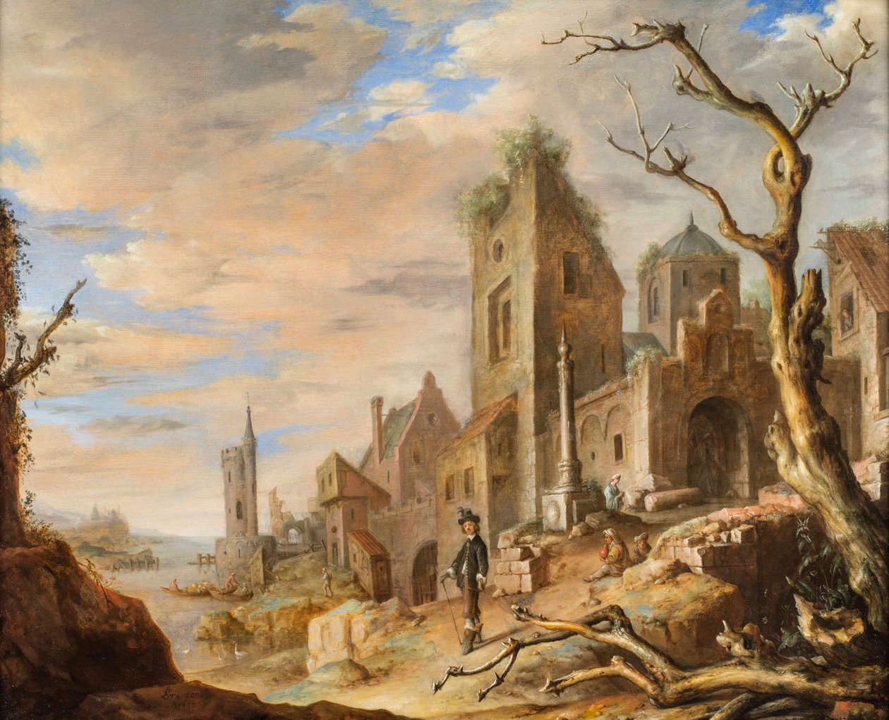 Et flodlandskab med en middelalderby af Jan Adriansz van Staveren