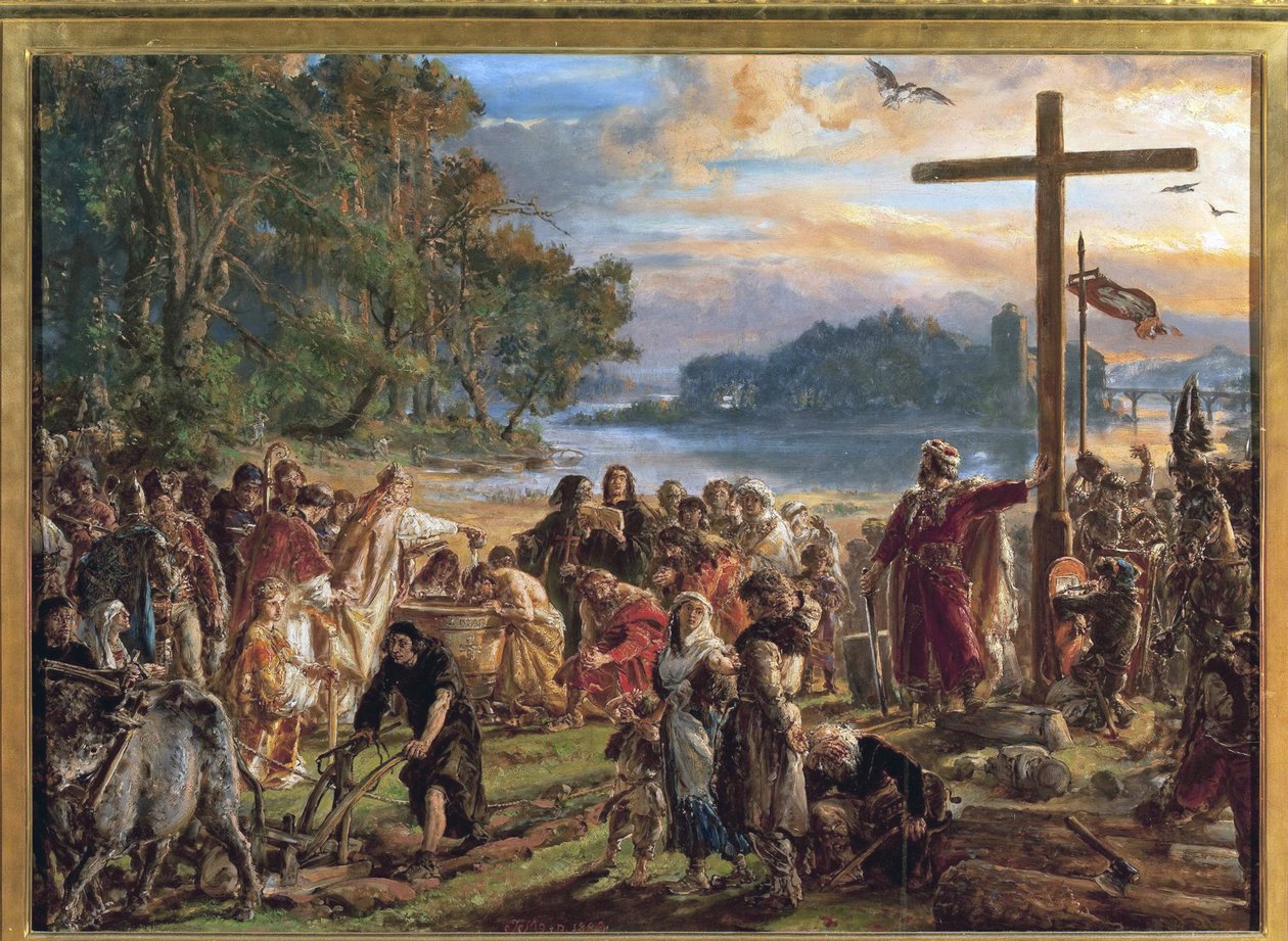 La chhristiannisation de la Pologne, 966 - The Christianization of Poland, 966. Fra serien History of Civilization in Poland, af Matejko, Jan Alojzy (1838-1893). Olie på træ af Jan Alojzy Matejko