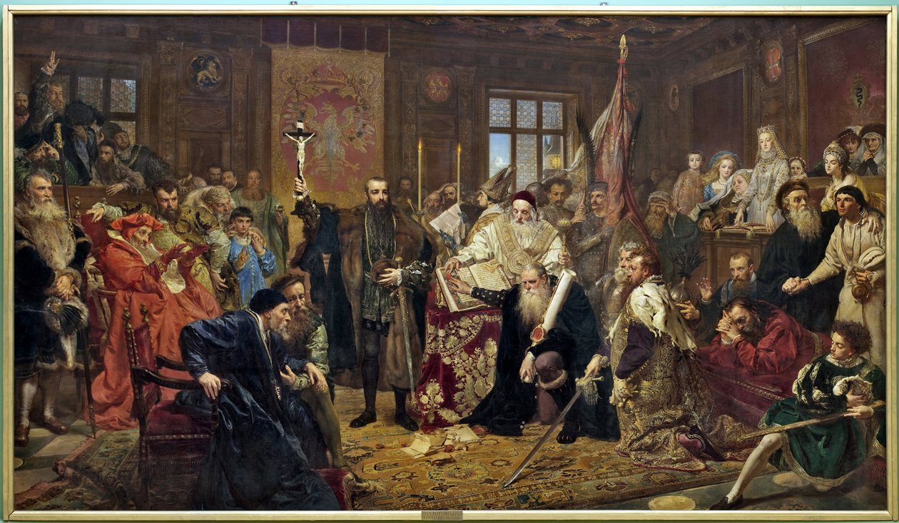 ""Unionen af ​​Lublin"": politisk traktat underskrevet den 1. juli 1569 i Lublin (Polen), som forenede Kongeriget Polen og Storhertugdømmet Litauen til en enkelt stat, Republikken af ​​To Nationer, styret af et monarki valg af Olie på lærred af Jan Alojzy Matejko